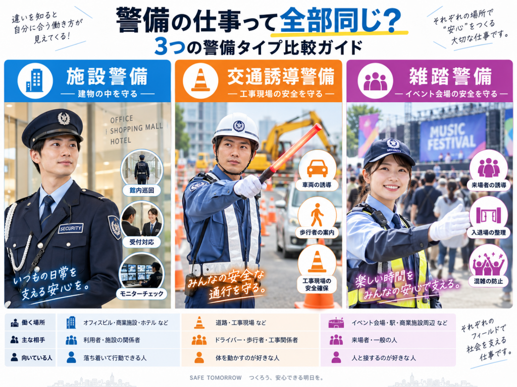 警備の仕事って全部同じ？施設警備・交通誘導・雑踏警備の違いを解説